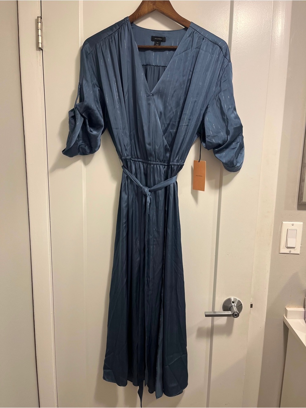 NWT - Halogen Slate Blue Wrap-Style Maxi Dress with Waist Tie - Picture 3 of 5